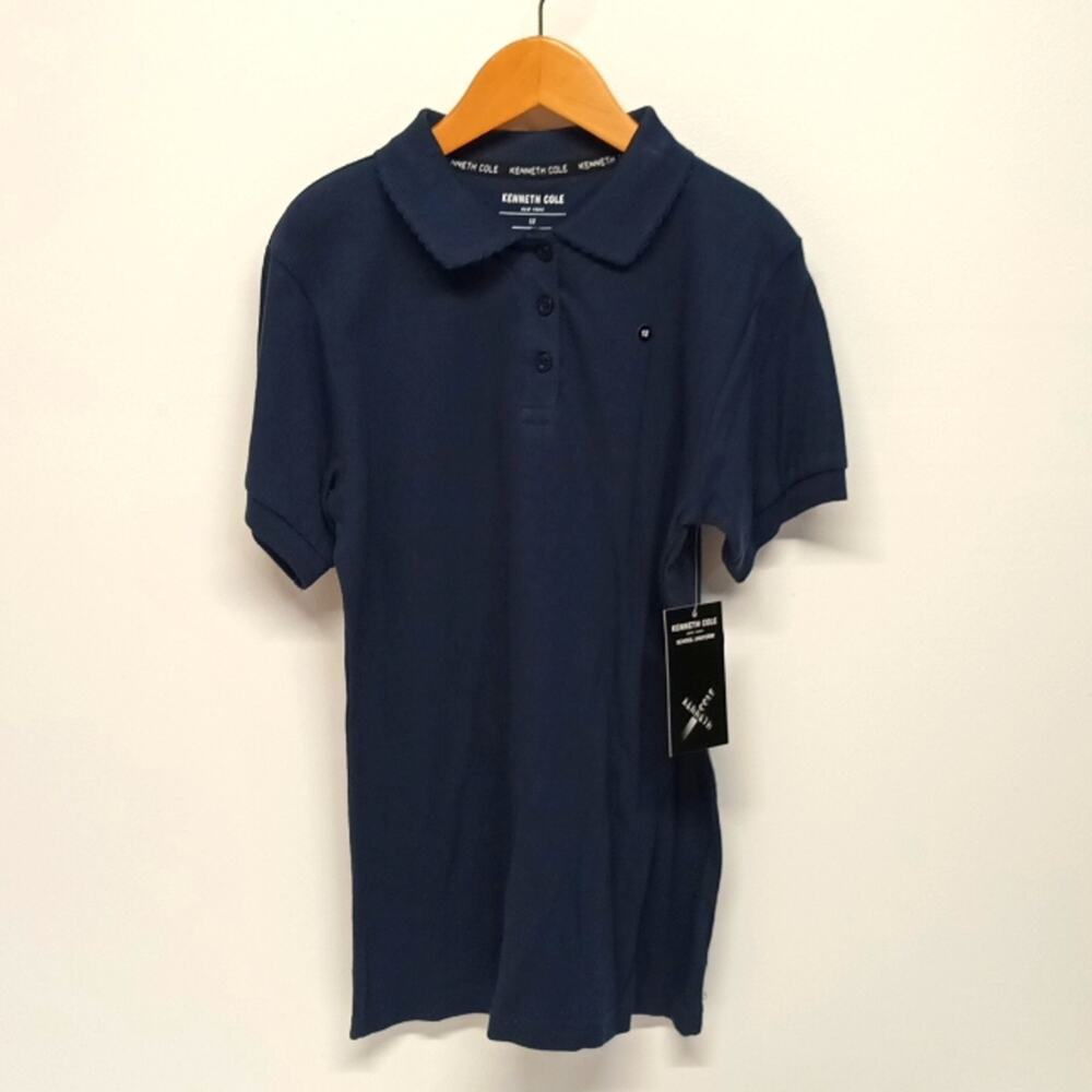 NWT Kenneth Cole Girls school uniform 3 buttons polo shirt Sz 12 (Y-M)Navy B top